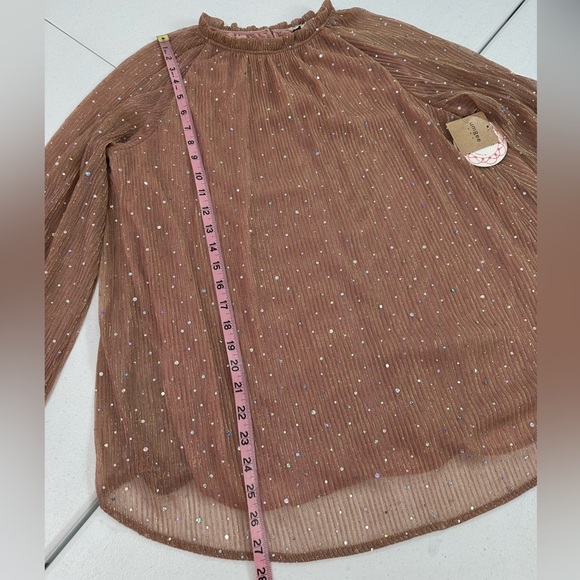 NWT Umgee Mauve Shimmer Pleated Sheer Blouse Long Sleeve Ruffle Mock Neck - Picture 6 of 11
